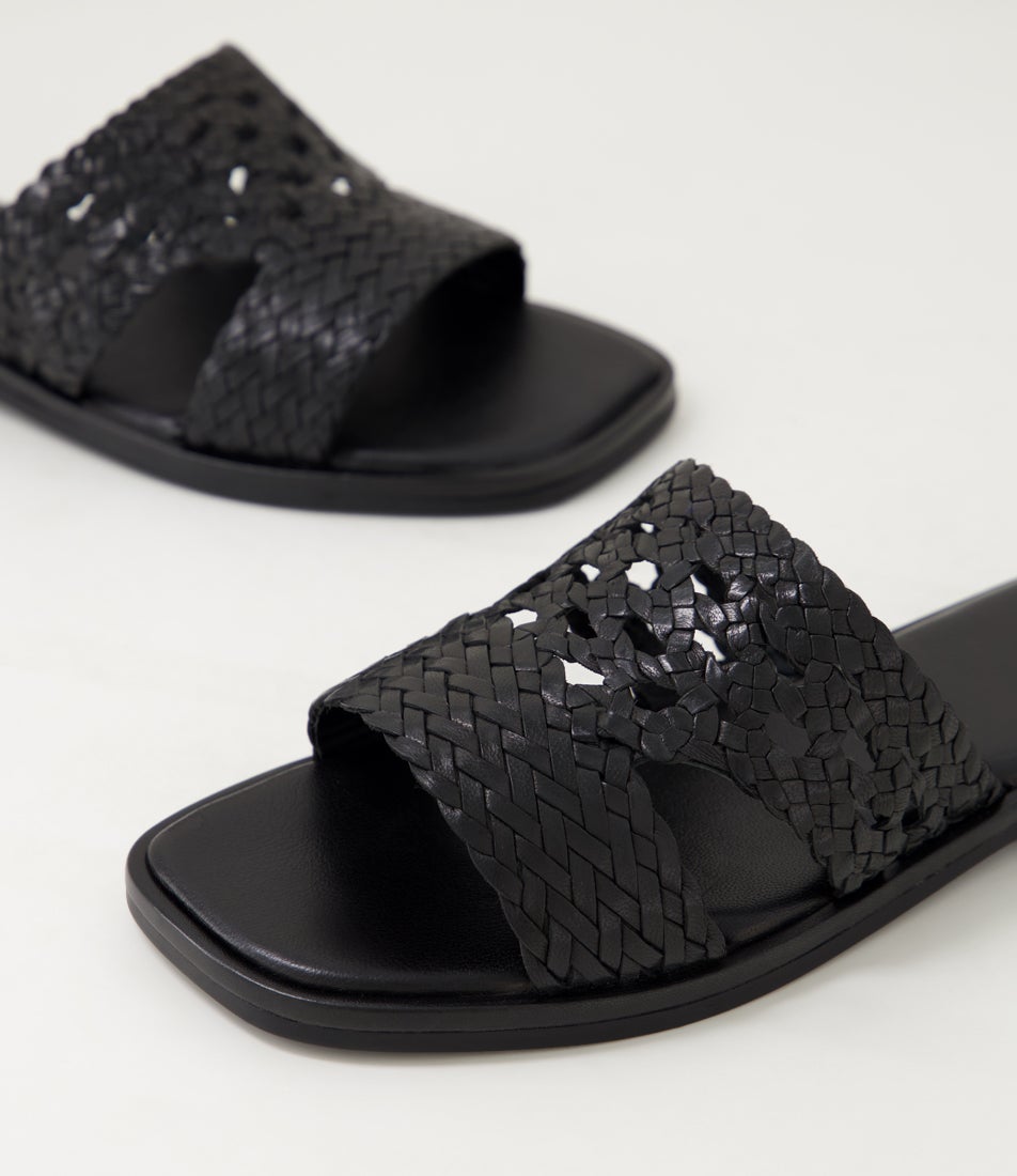 Frill Black Leather Slides