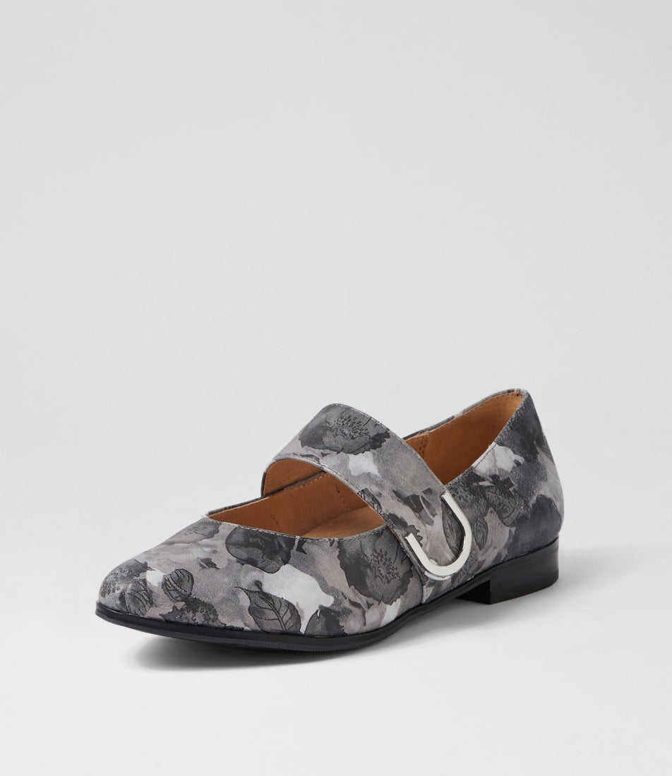 Okla Xf Charcoal Flower Leather Flat Shoes