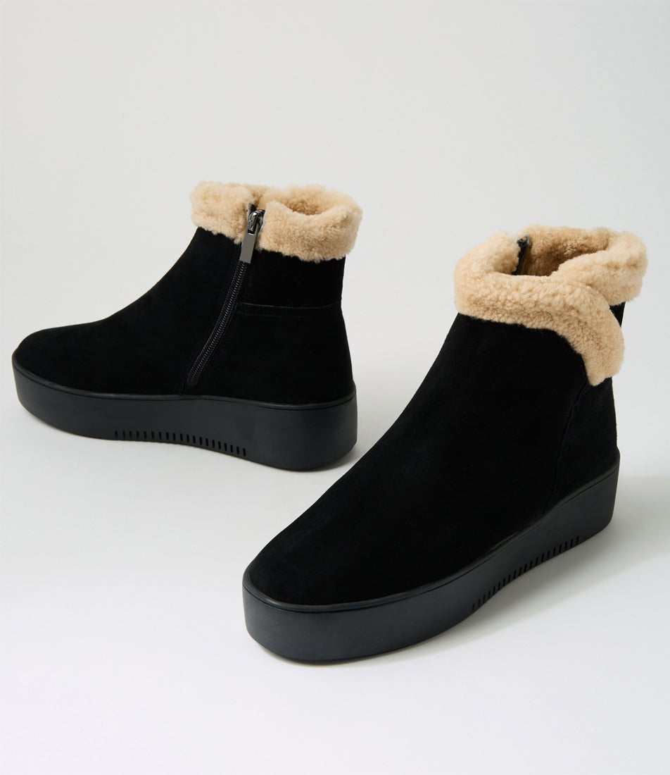 Warmer Black Beige Suede Fur Ankle Boots
