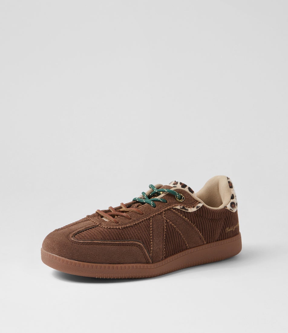 Elite Classic Double Lace Brown Corduroy Leopard Suede Sneakers