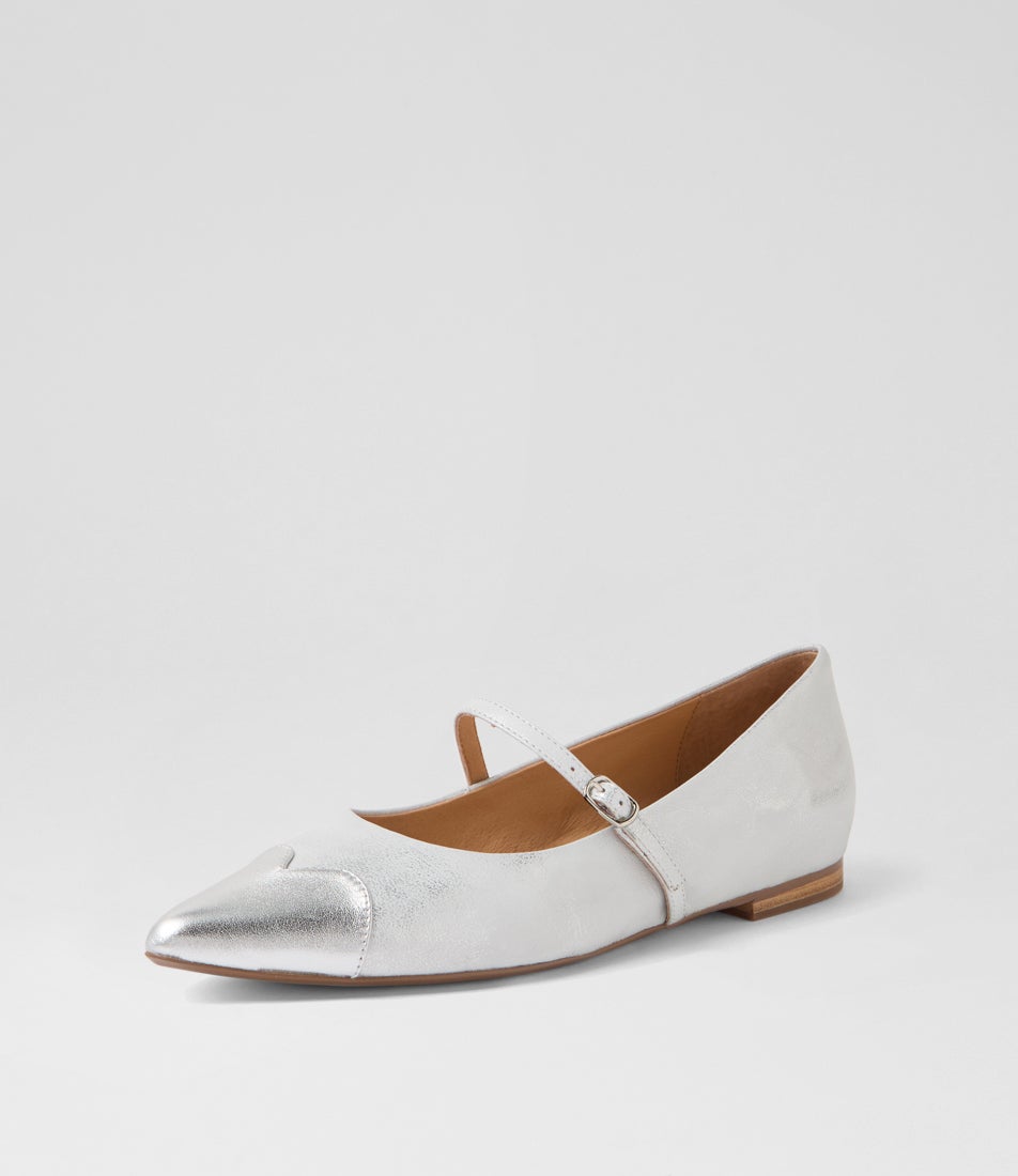 Yian Silver White Leather Flat Shoes