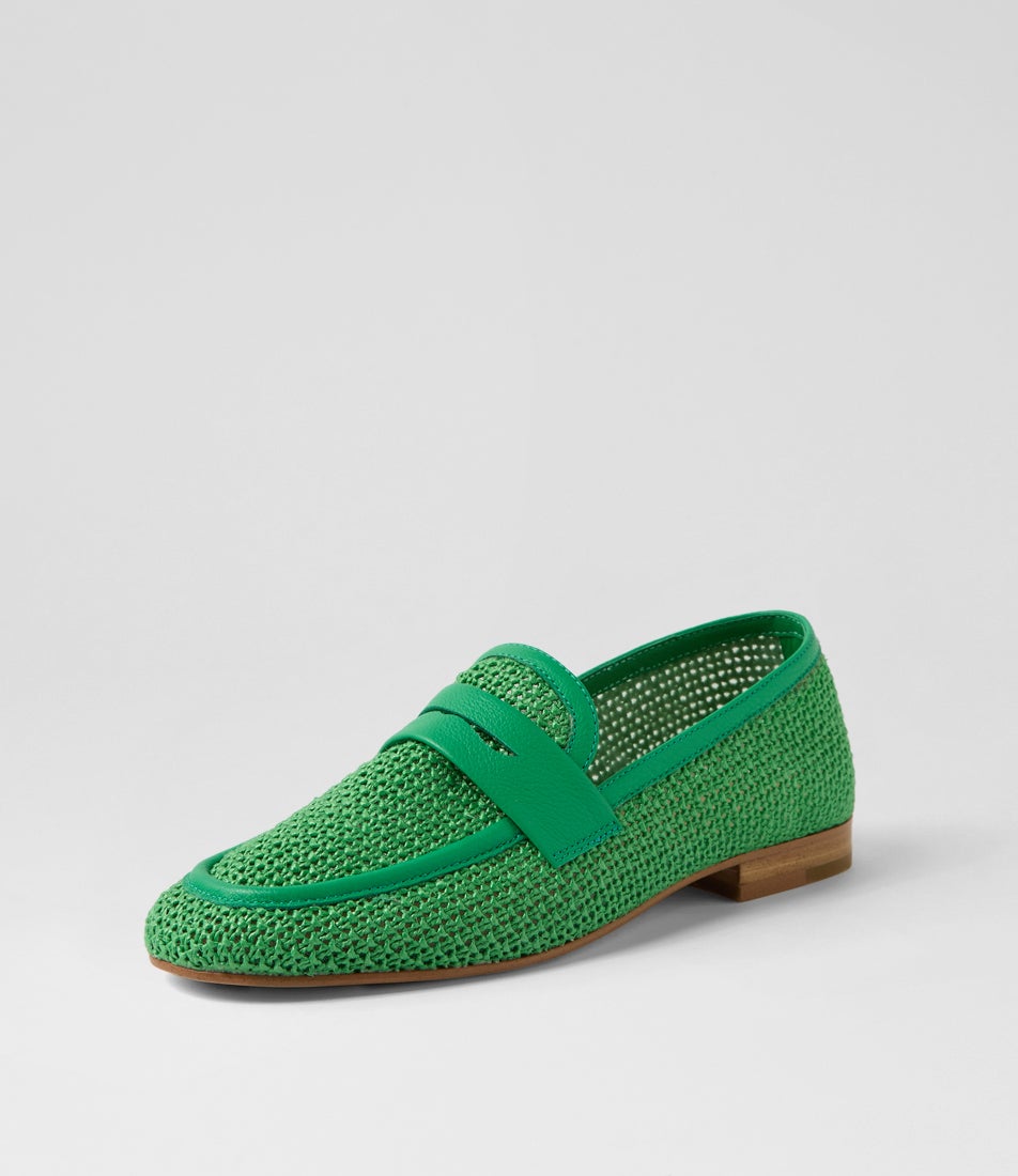 Iras Emerald Synthetic Raffia Leather Loafers