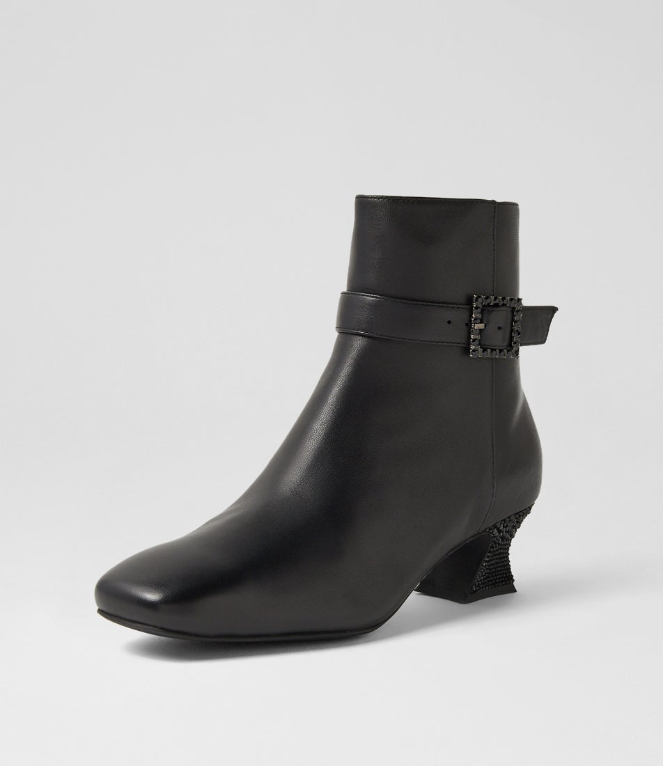 Poppiy Black Leather Jewels Ankle Boots