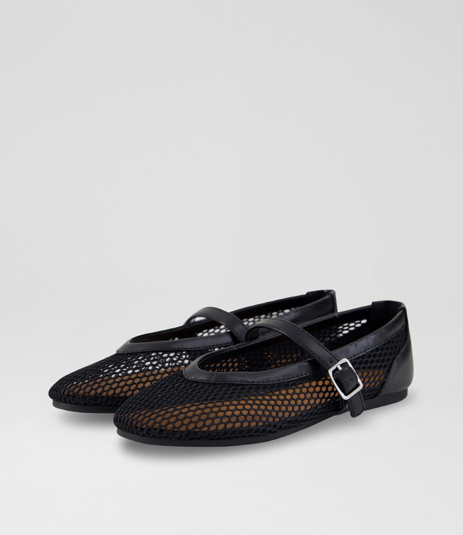 Evie Junior Black Mesh Leather Flat Shoes