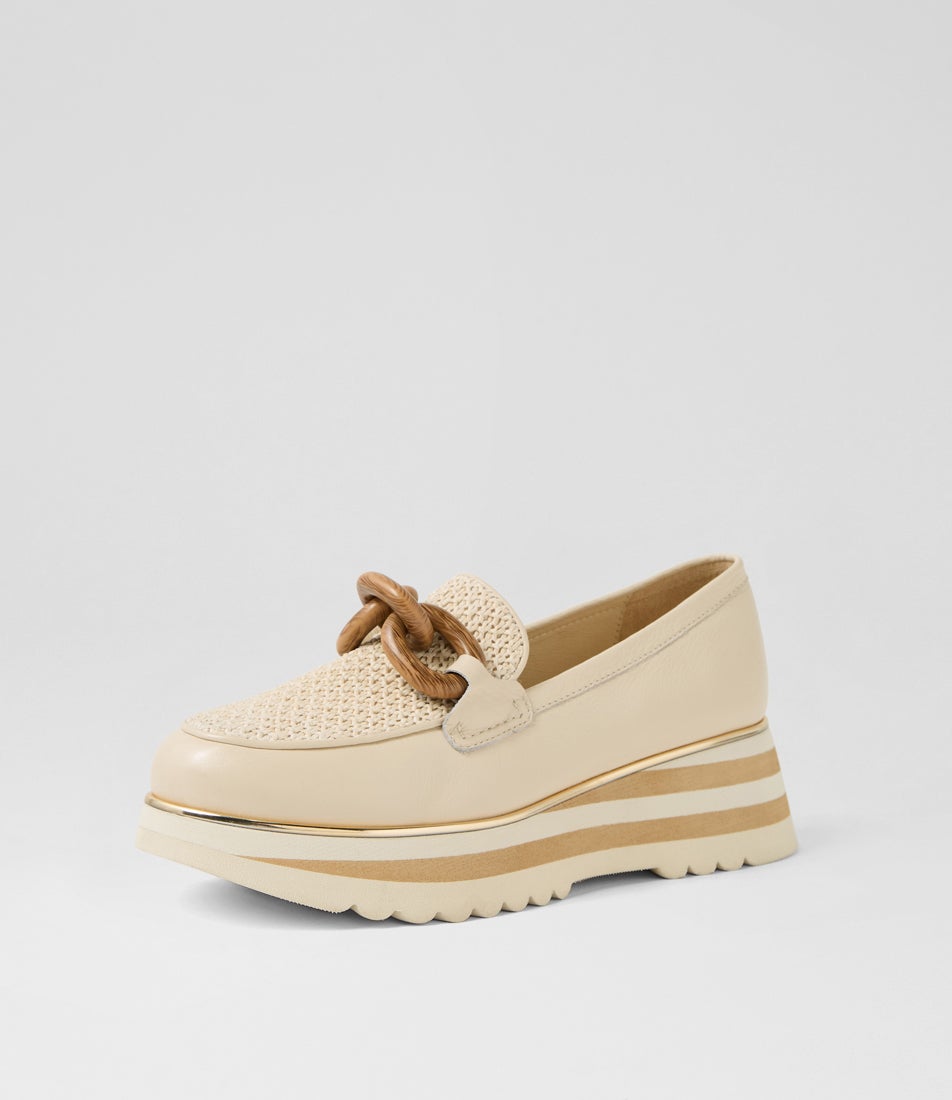 Eggey Milk Ivory Leather Synthetic Raffia Loafers