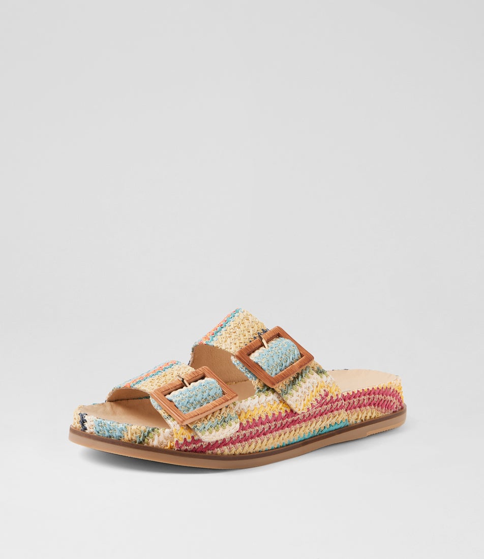 Ixey Blue Multi Synthetic Raffia Slides