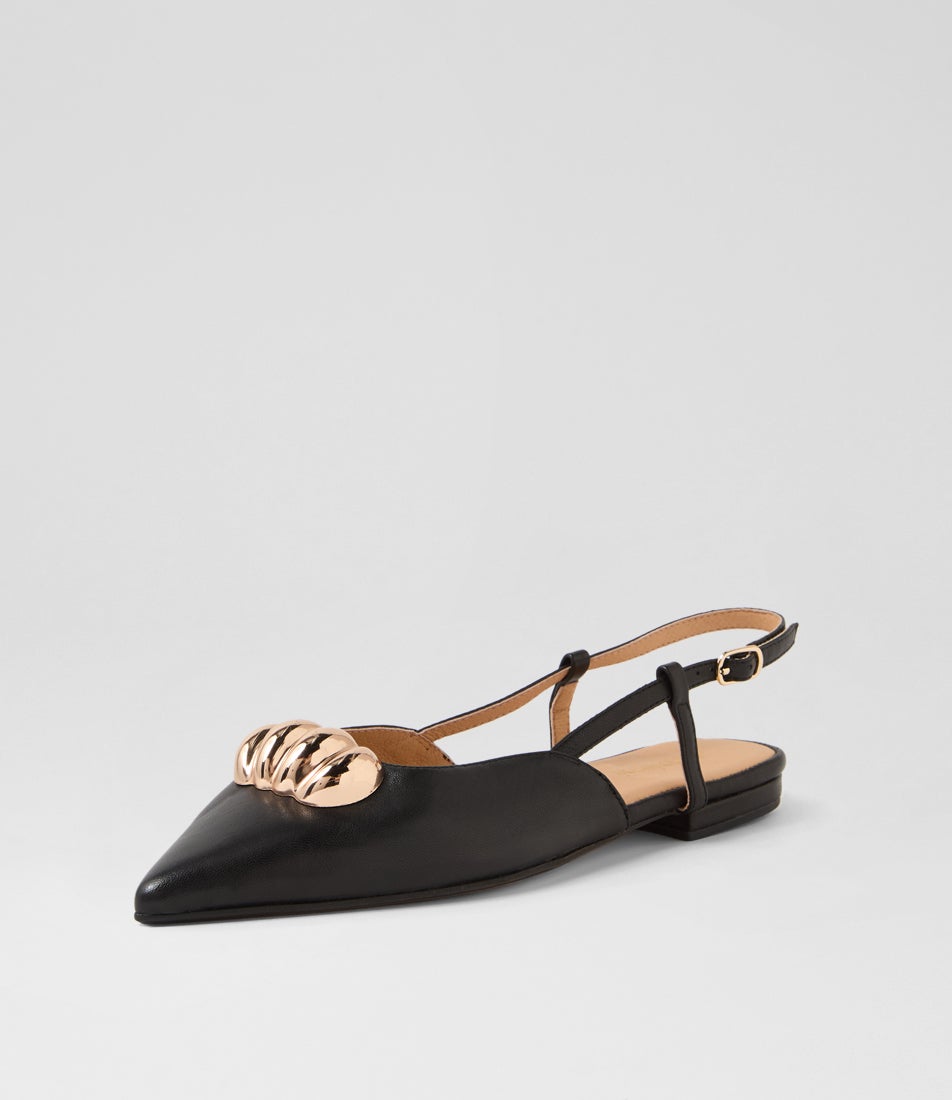 Agleam Black Leather Flat Shoes