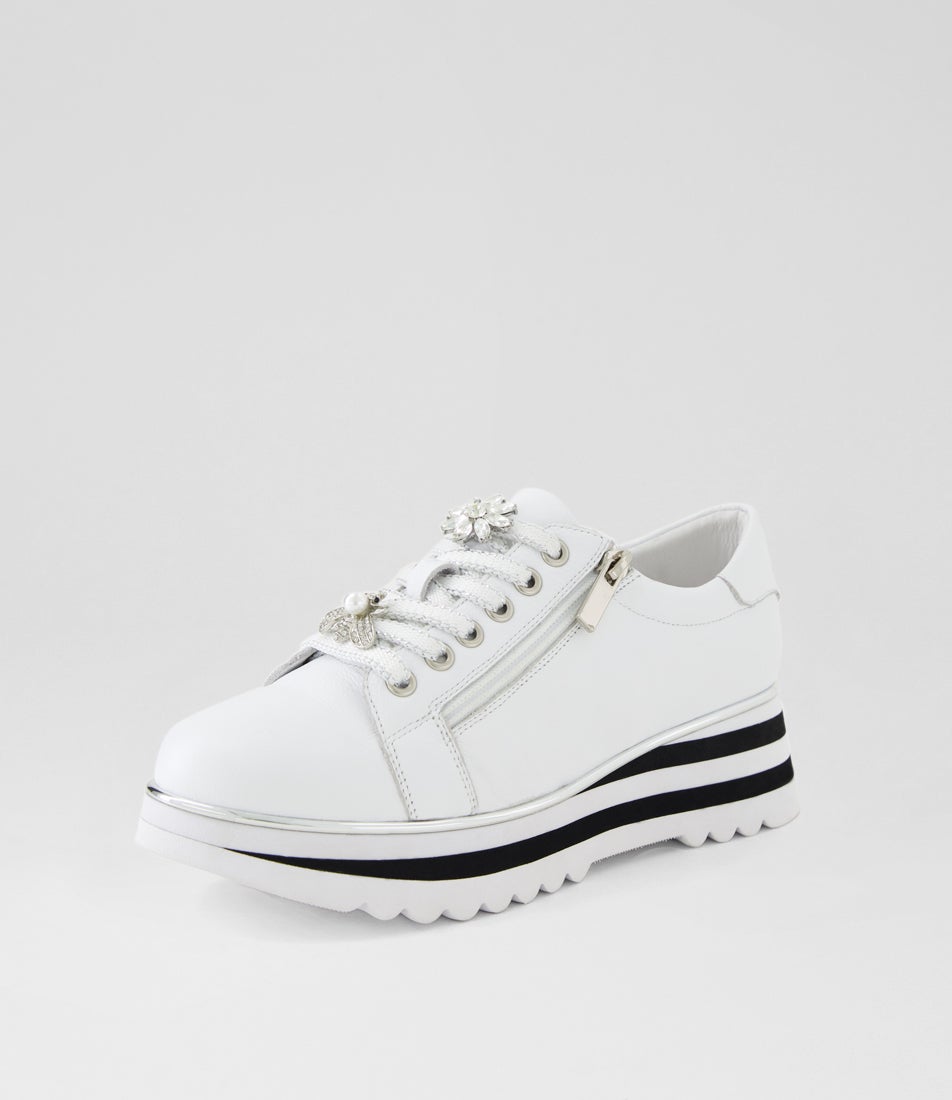 Eminza White Black Leather Lace Up Flats