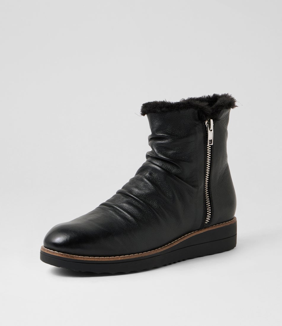 Omage Black Leather Fur Ankle Boots