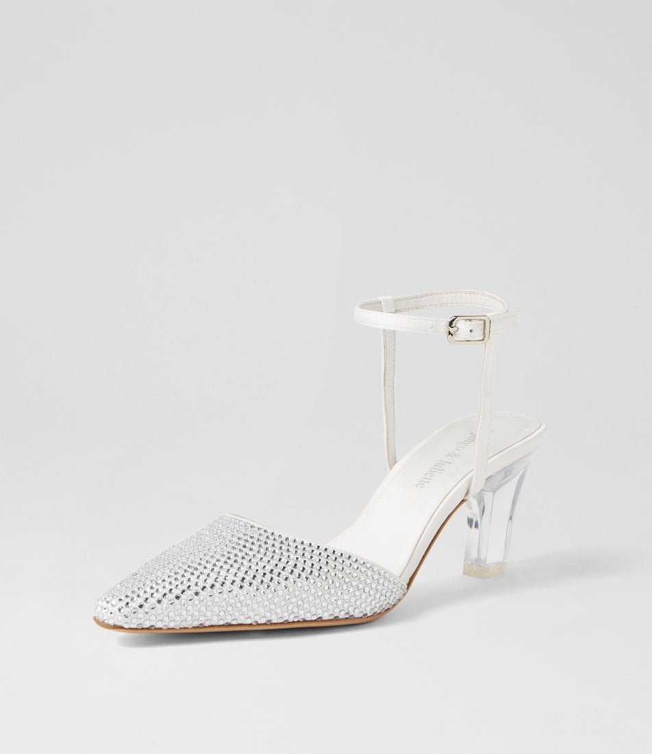 Komina Ivory Silver Jewels Satin Heels