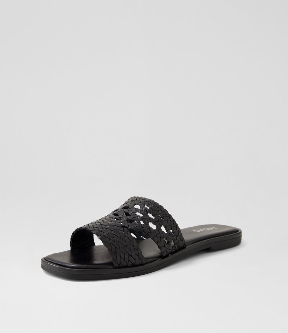 Frill Black Leather Slides