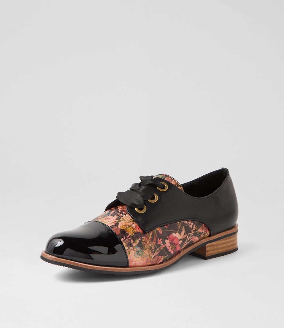 Hannie Black Cafe Floral Patent Pu Lace Up Flats