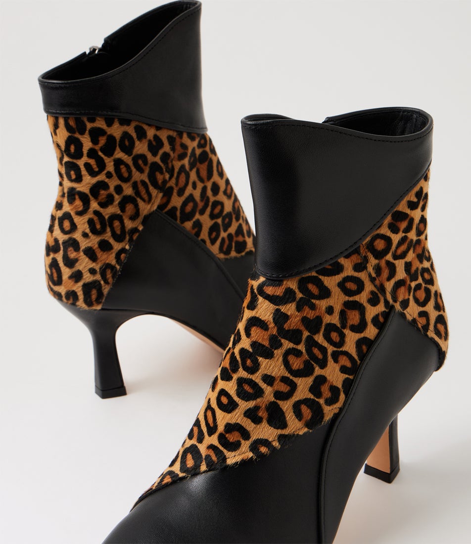 Loriza Black Light Tan Leopard Leather Ankle Boots