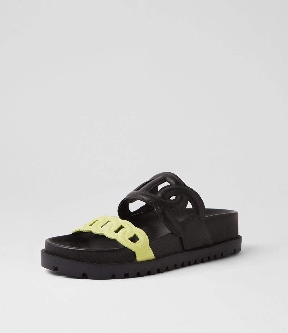 Ursula Light Citrus Black Suede Slides