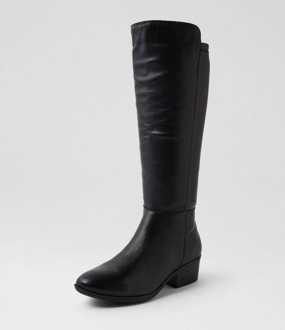 Zoose Black Leather Stretch Knee High Boots