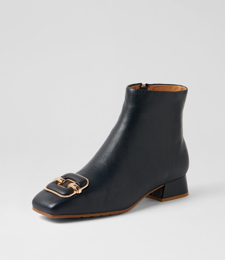 Saneto Navy Leather Ankle Boots