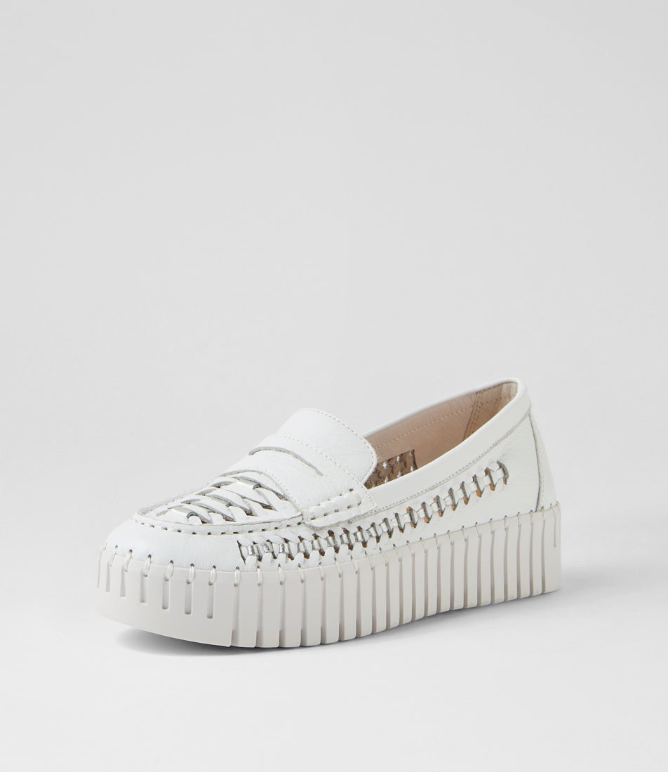 Brogany White Silver Leather Flat Shoes