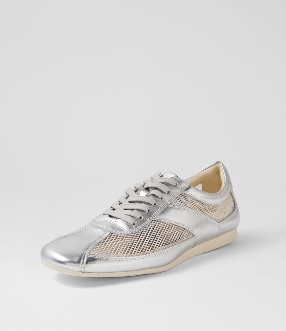 Hillary Silver Leather Mesh Lace Up Sneakers