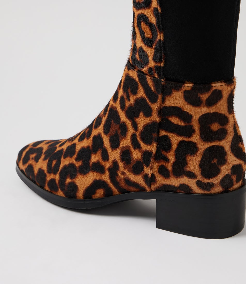 Tetley Dark Tan Leopard Black Pony Stretch Microsuede Knee High Boots