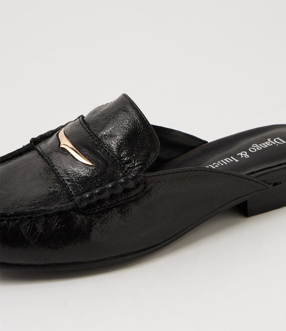 Tyreks Black Polish Leather Mules