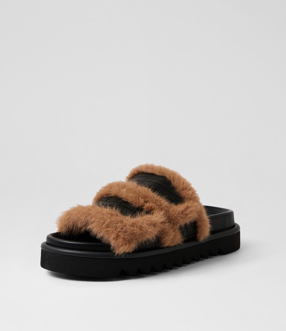 Talia Black Leather Faux Fur Sandals