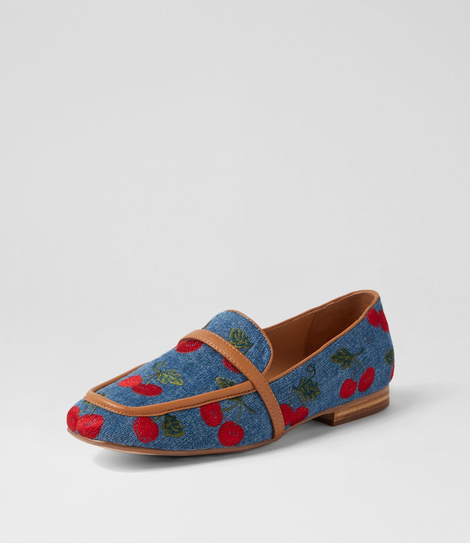 Mansury Blue & Cherries Dark Tan Fabric Loafers Mansury Blue & Cherries Dark Tan Fabric Loafers