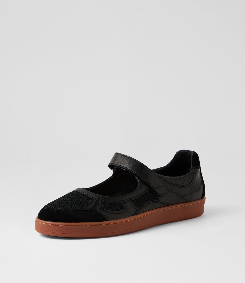 Quiett Black Mesh Leather Flat Shoes