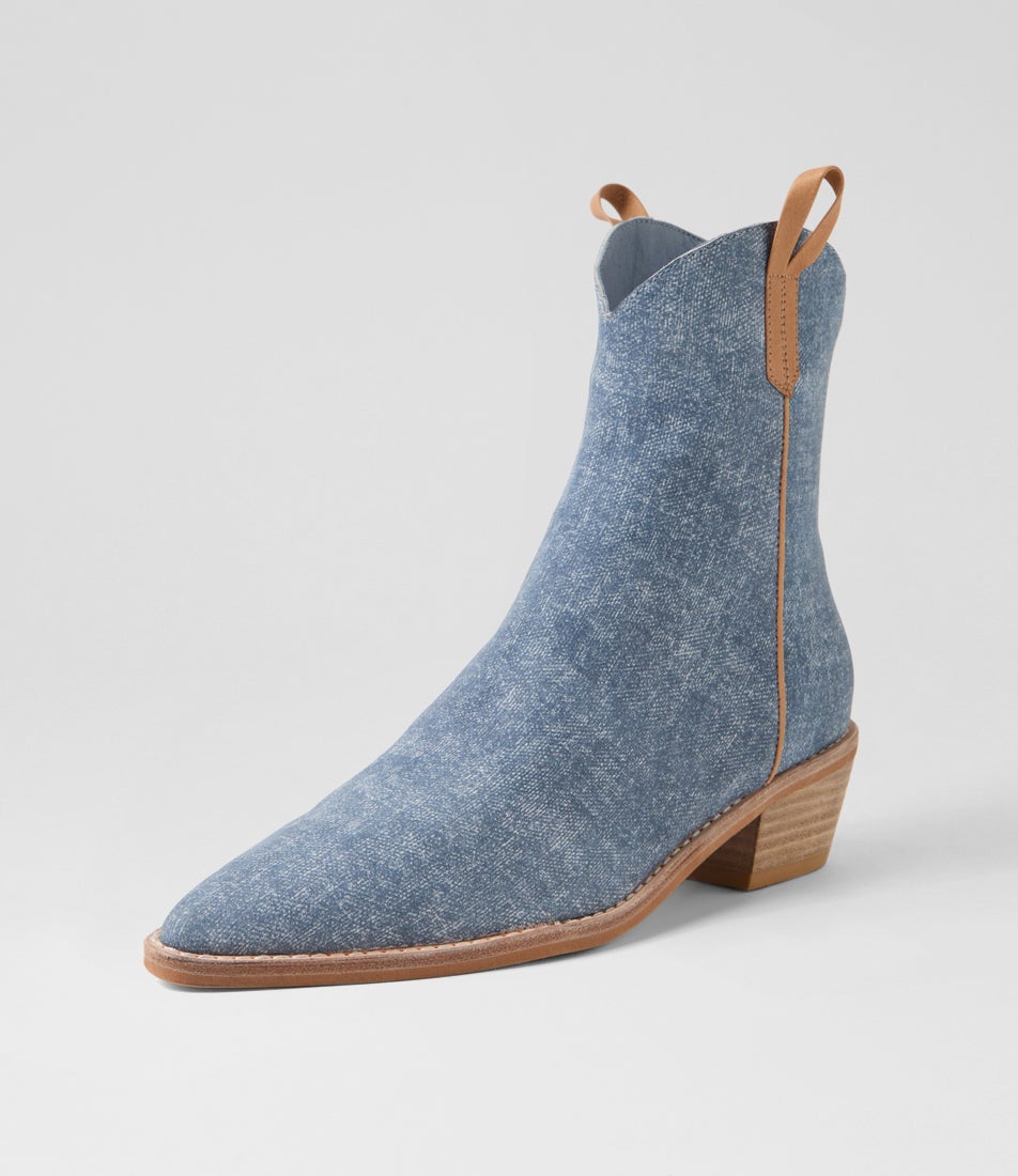 Danilo Blue Distressed Denim Tan Leather Ankle Boots