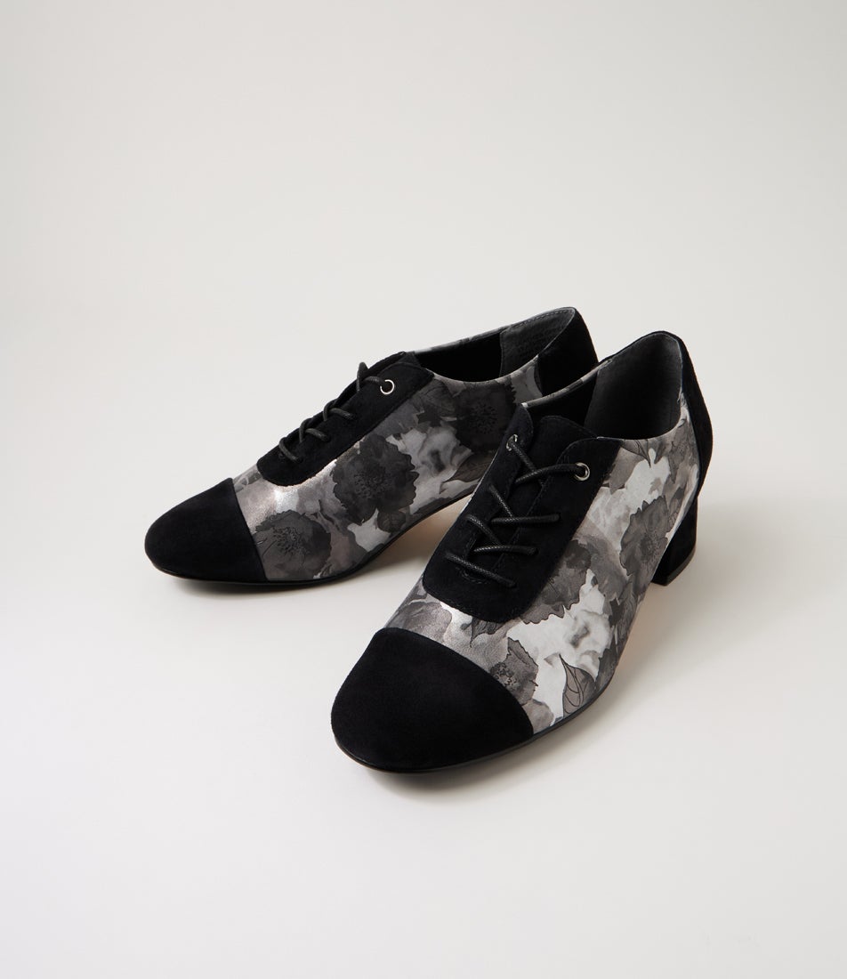 Zinky W Black Charcoal Flower Suede Leather Heels
