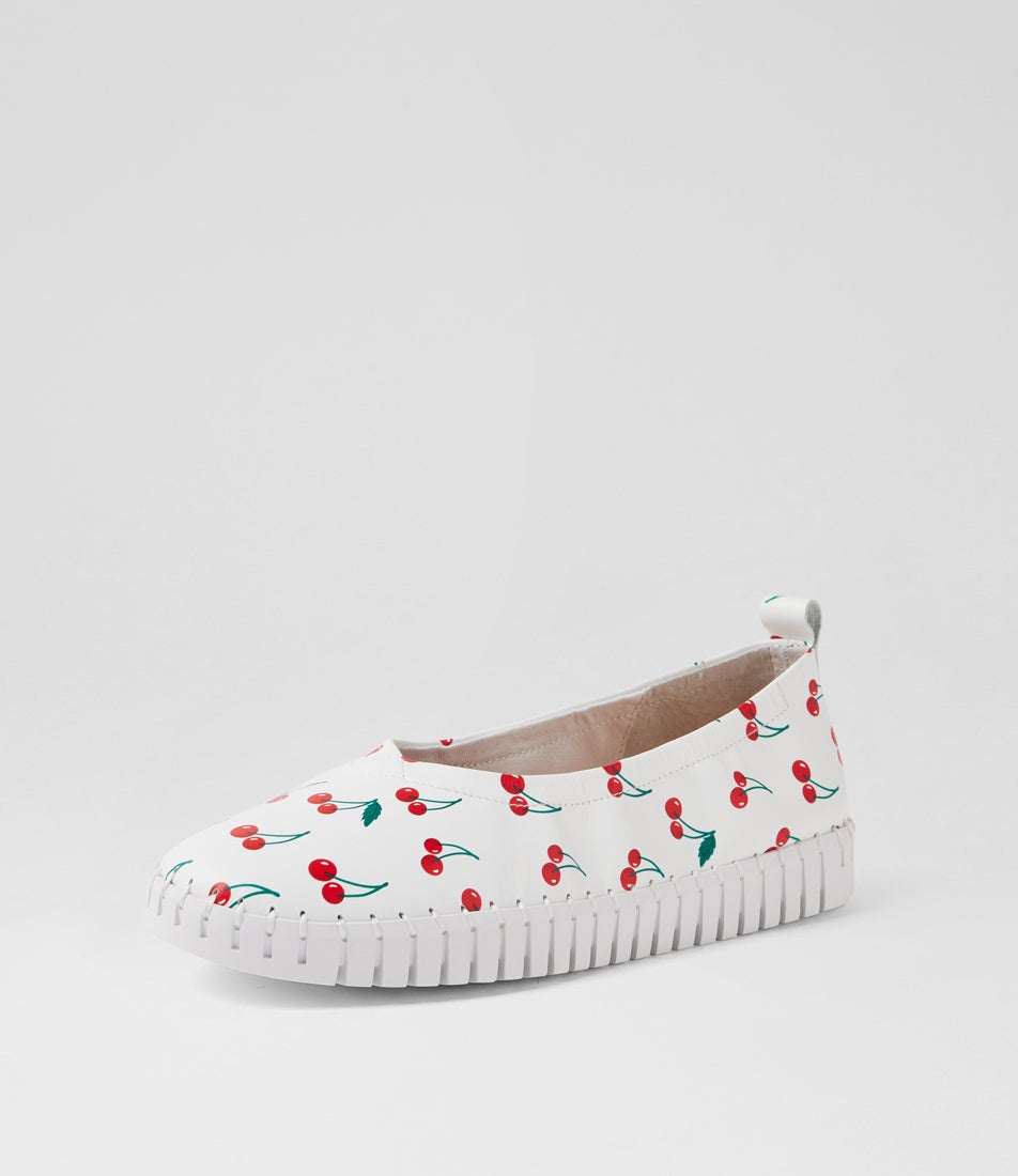 Heaton Cherry Print White Leather Ballet Flats