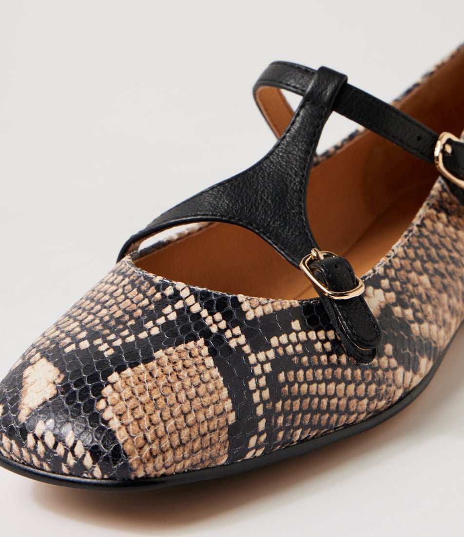 Perman Black Caramel Snake Leather Flat Shoes