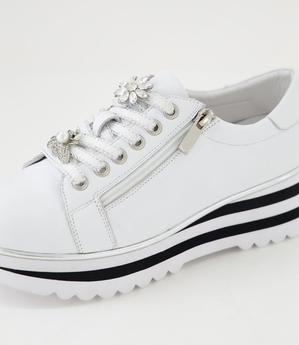 Eminza White Black Leather Lace Up Flats