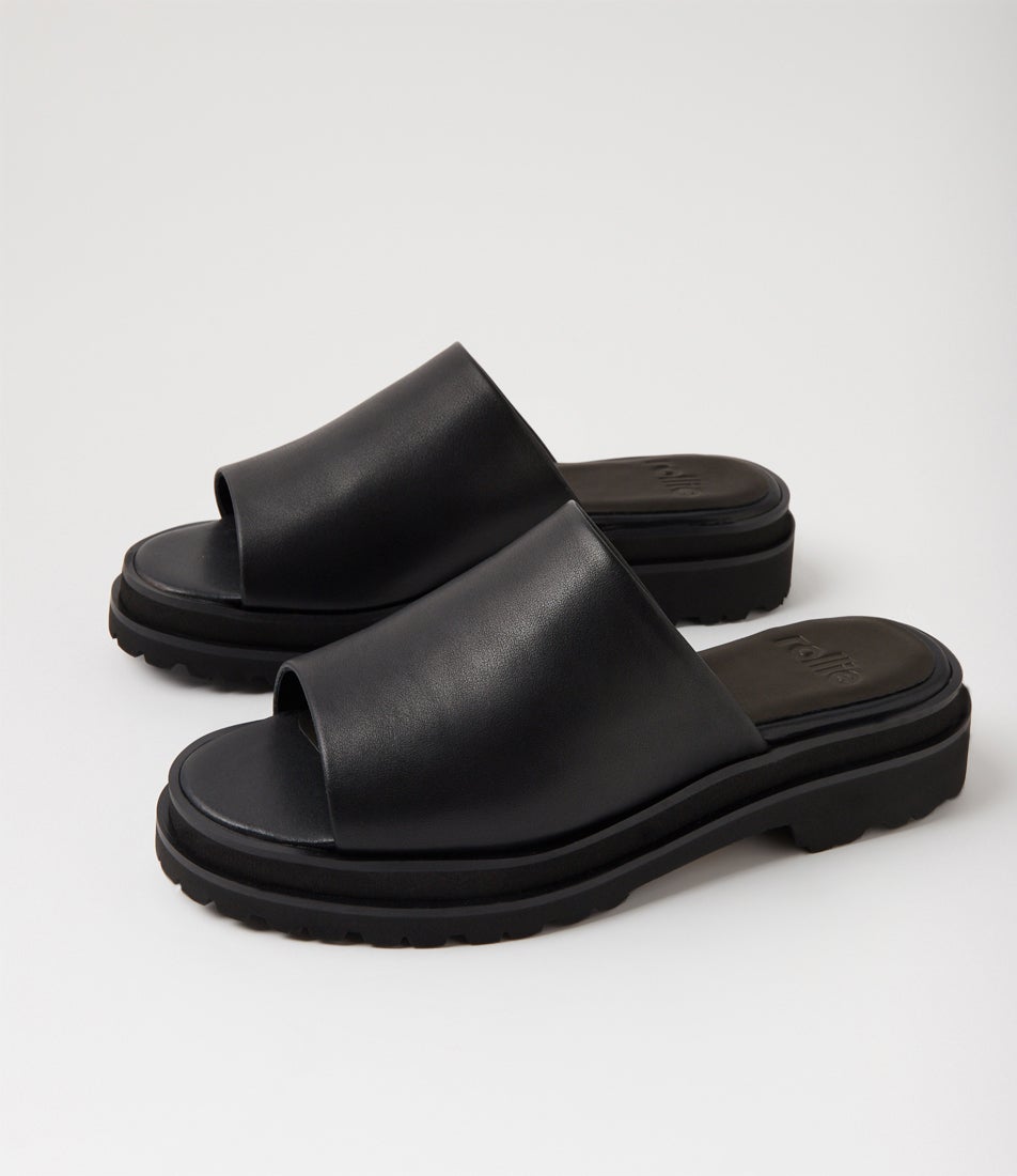 Slide Step All Black Leather Slides