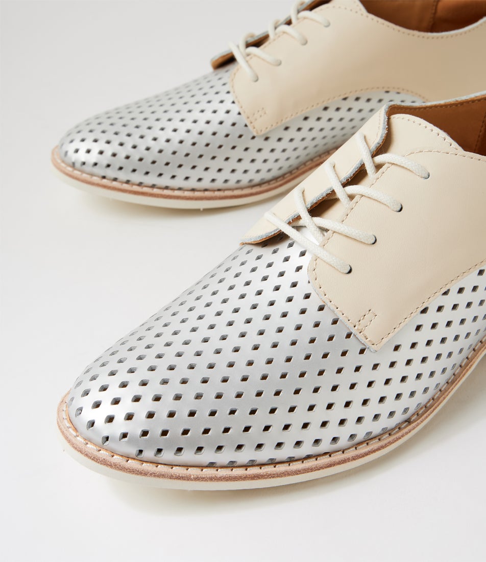 Derby Punch Overlay Silver Ecru Leather Lace Up Flats