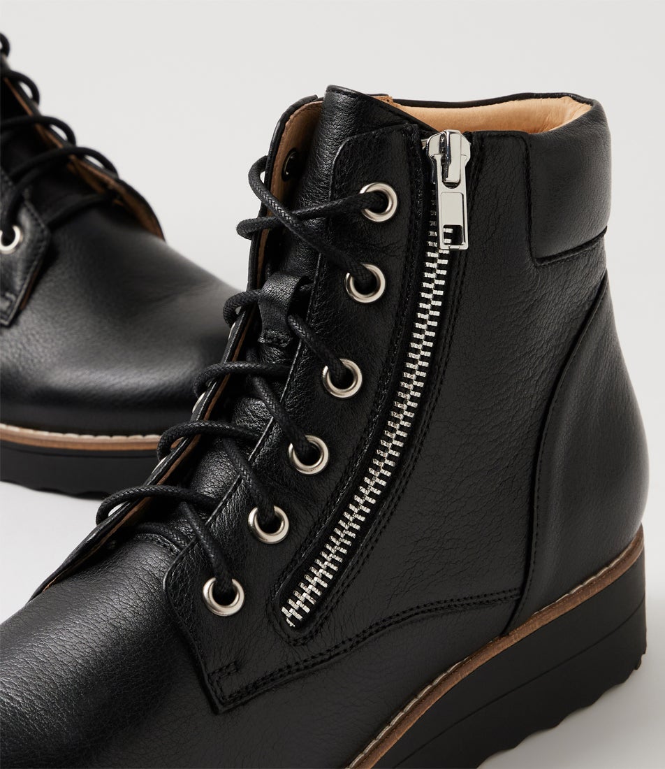 Ollege Black Leather Lace Up Boots
