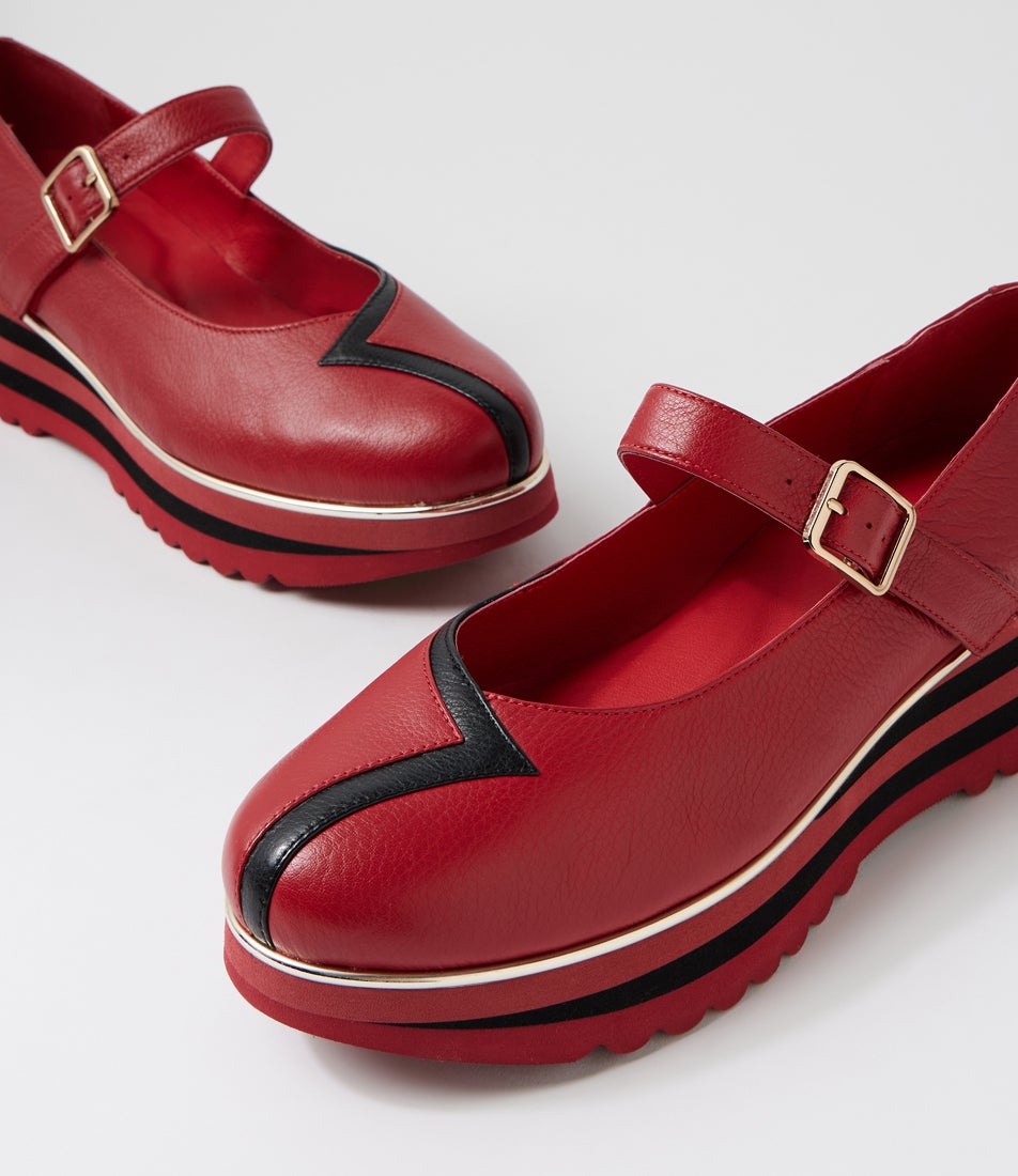 Elanies Dark Red Black Leather Flat Shoes
