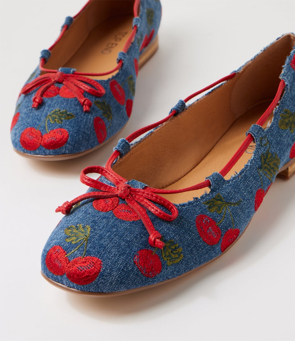 Mellasy Blue Cherries Red Fabric Ballet Flats Mellasy Blue Cherries Red Fabric Ballet Flats