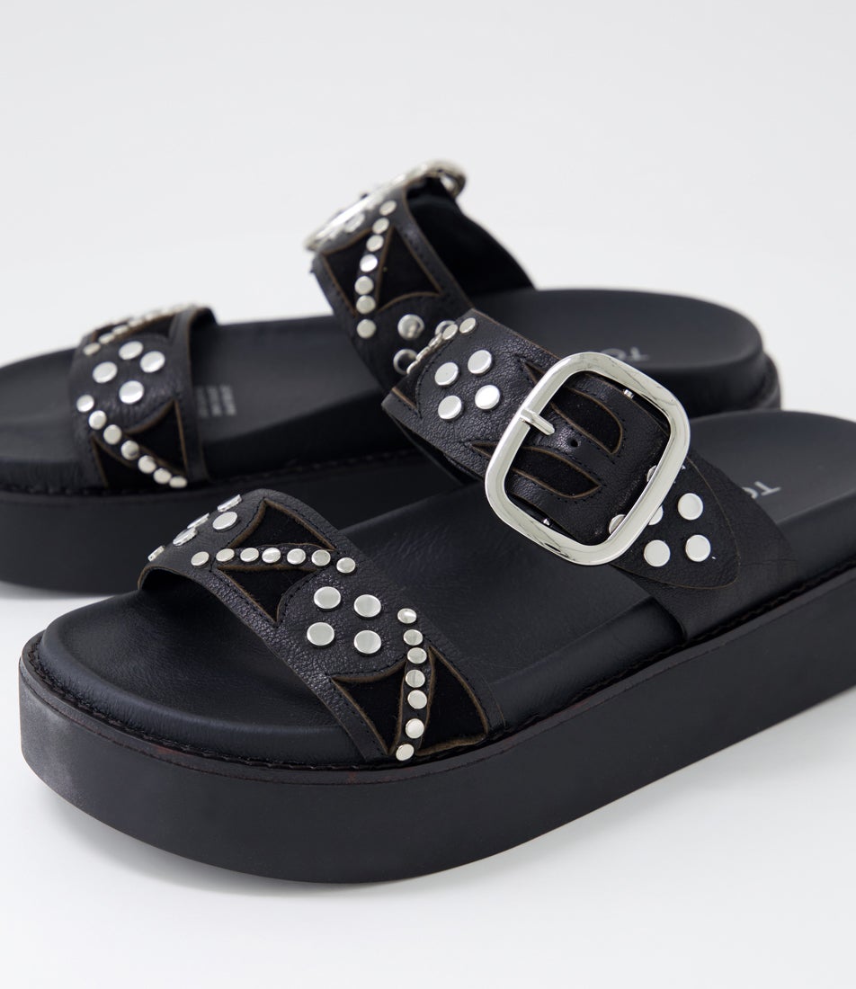 Gawler Black Leather Suede Slides