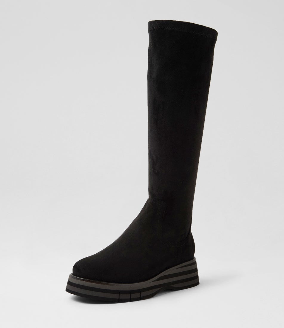 Gesbit Black Grey Stretch Microsuede Knee High Boots
