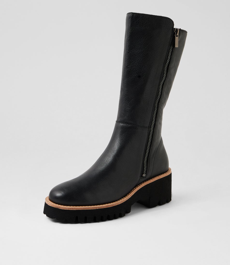 Wazela Black Leather Calf Boots