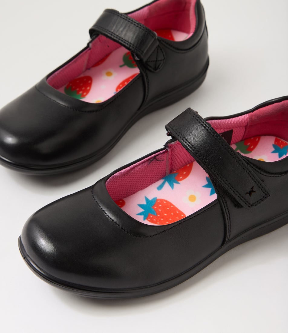 Ellie Junior E Black Print Insole Leather Flat Shoes