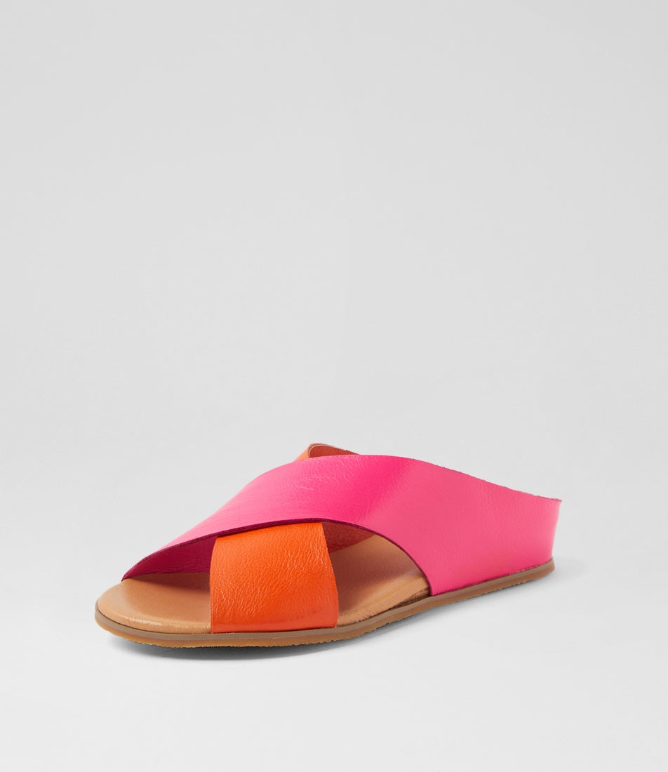 Harli New Orange Hot Pink Leather Sandals
