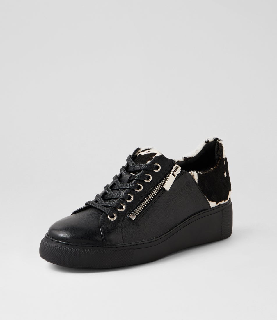 Yossar Black White Cow Leather Pony Sneakers