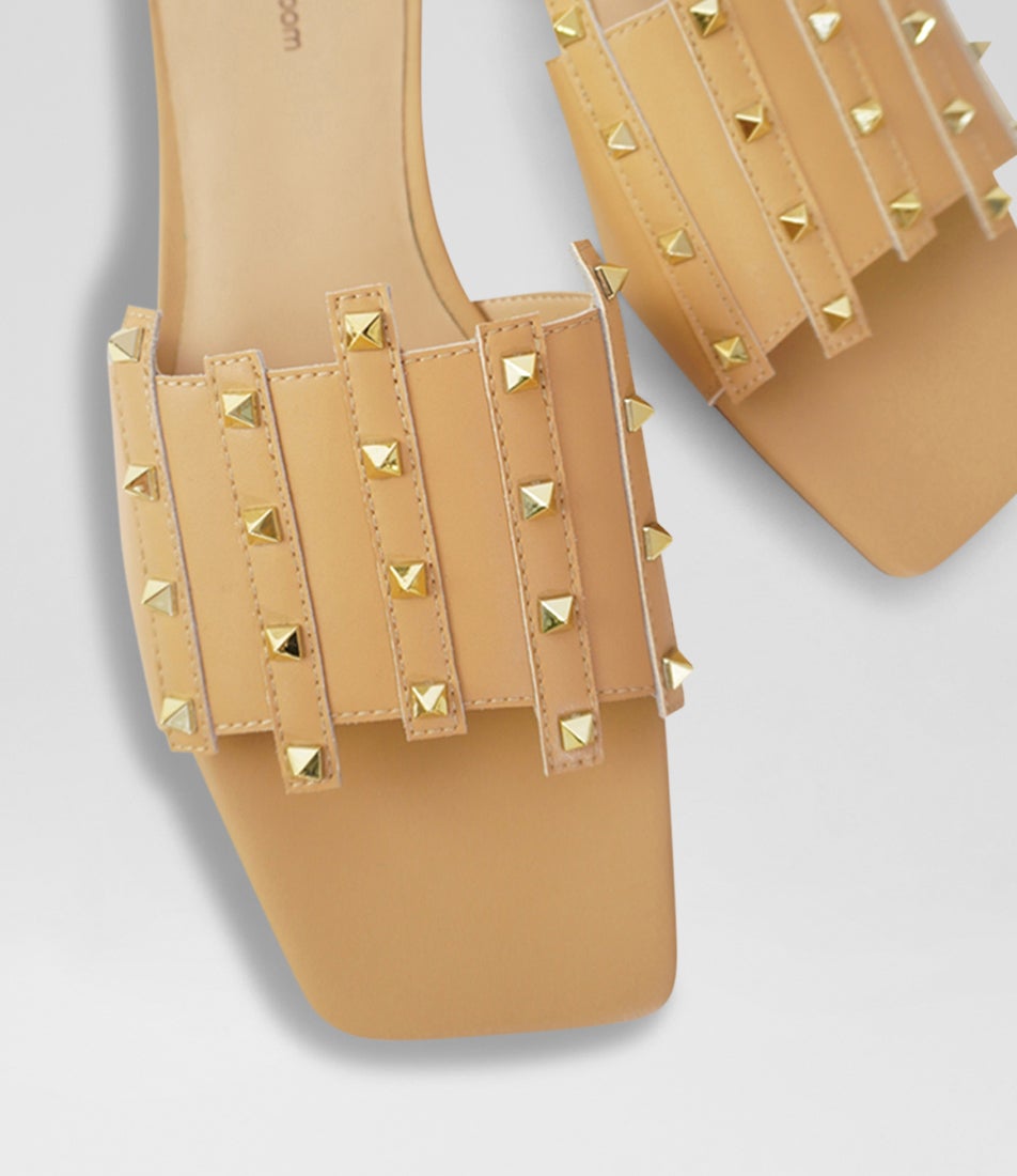 Pyramid Stud Tan Leather Mules