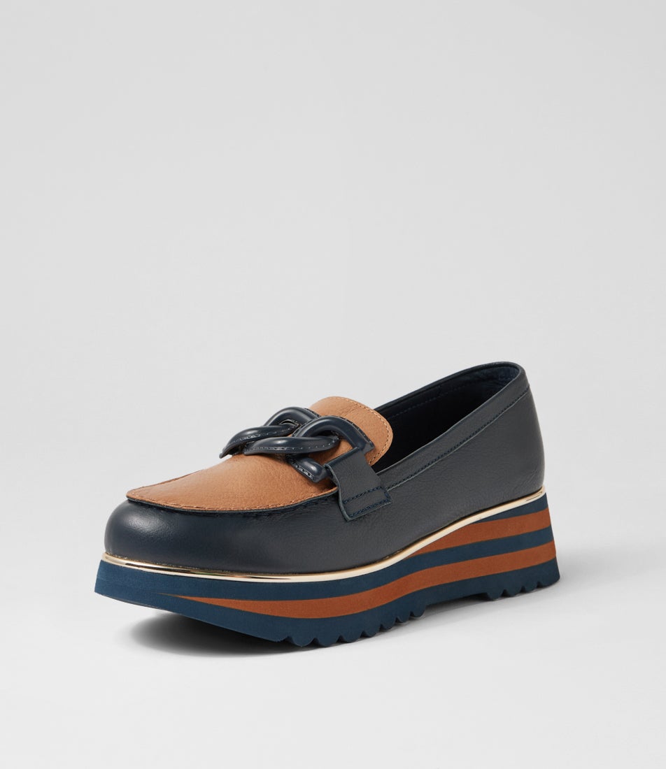 Eaila Navy Cognac Leather Loafers