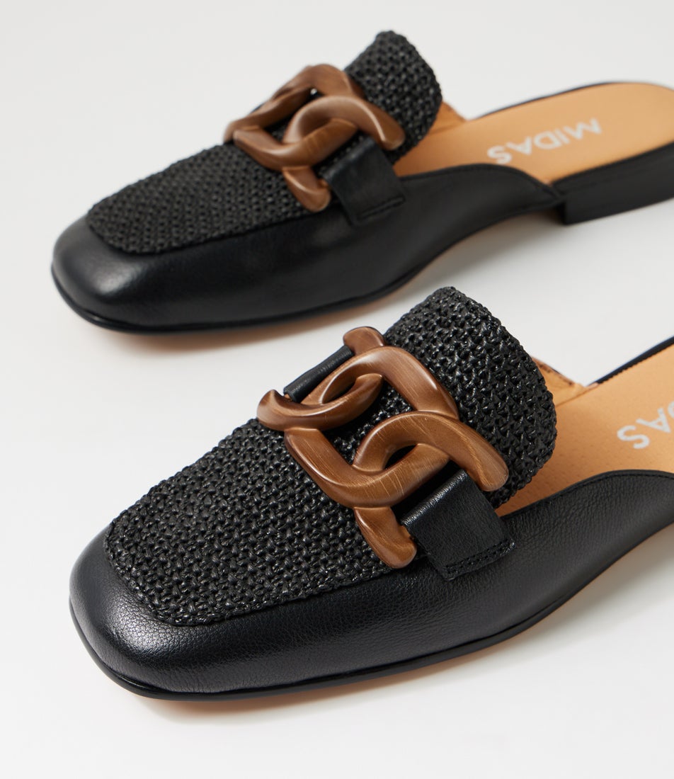 Peebles Black Leather Syn Raffia Mule