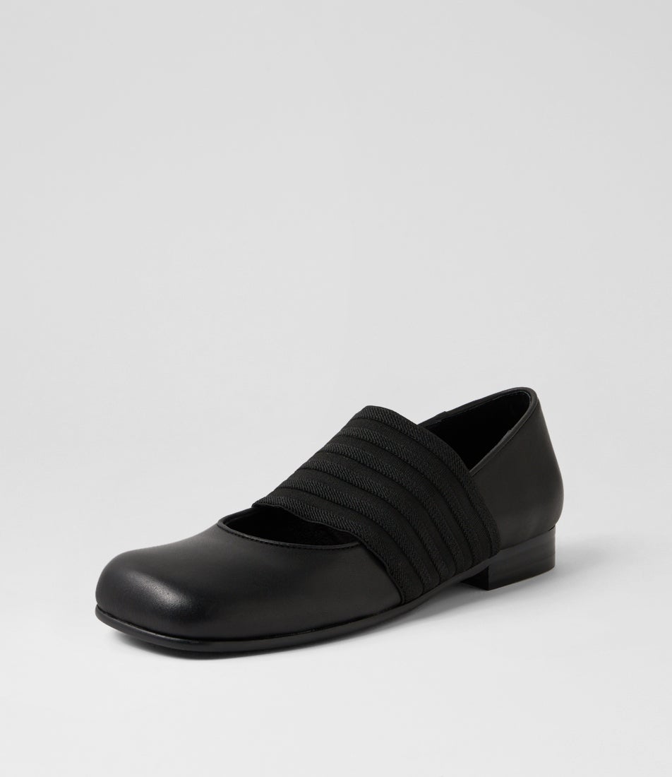 Gazar Black Leather Elastic Ballet Flats