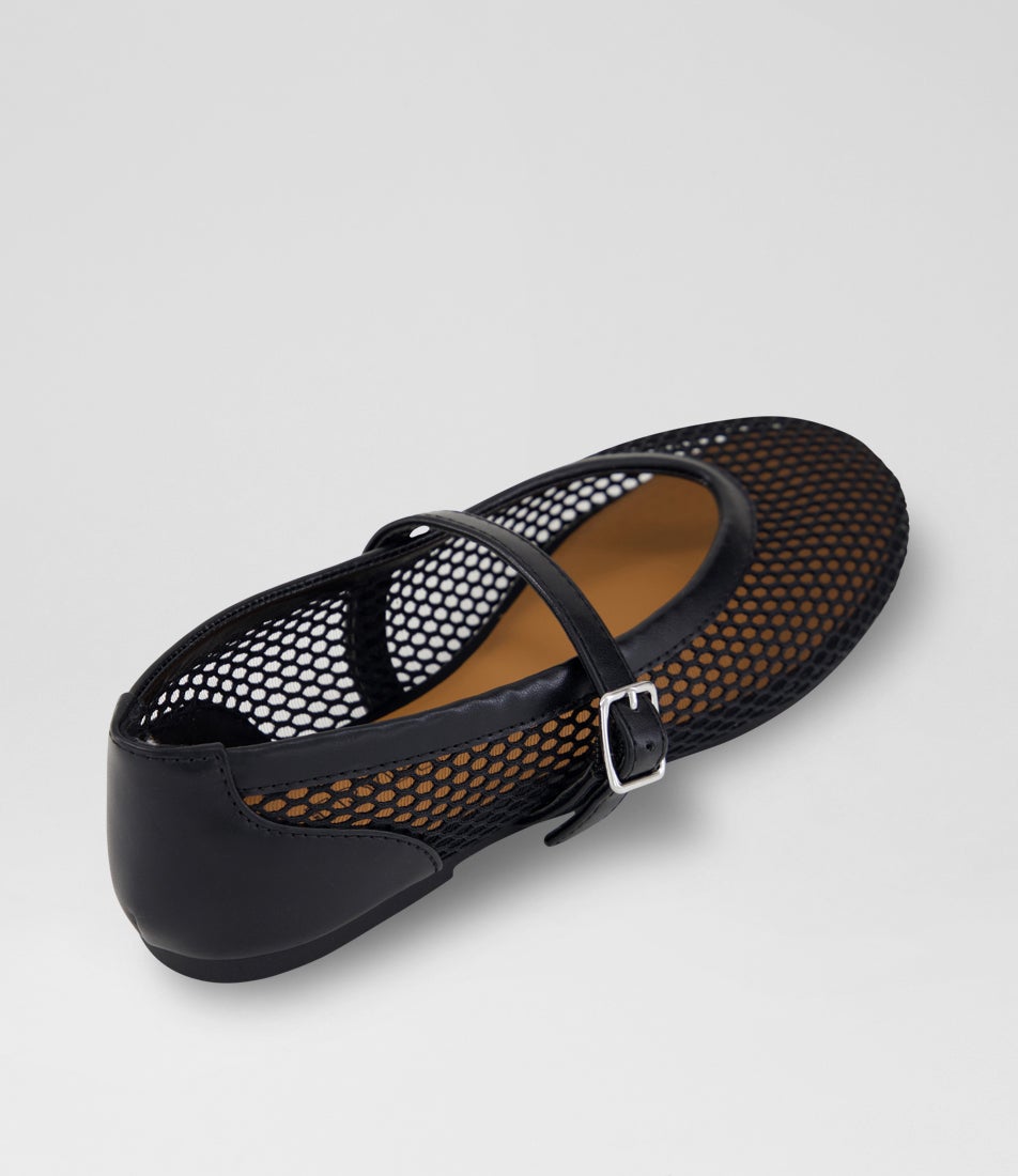 Evie Junior Black Mesh Leather Flat Shoes