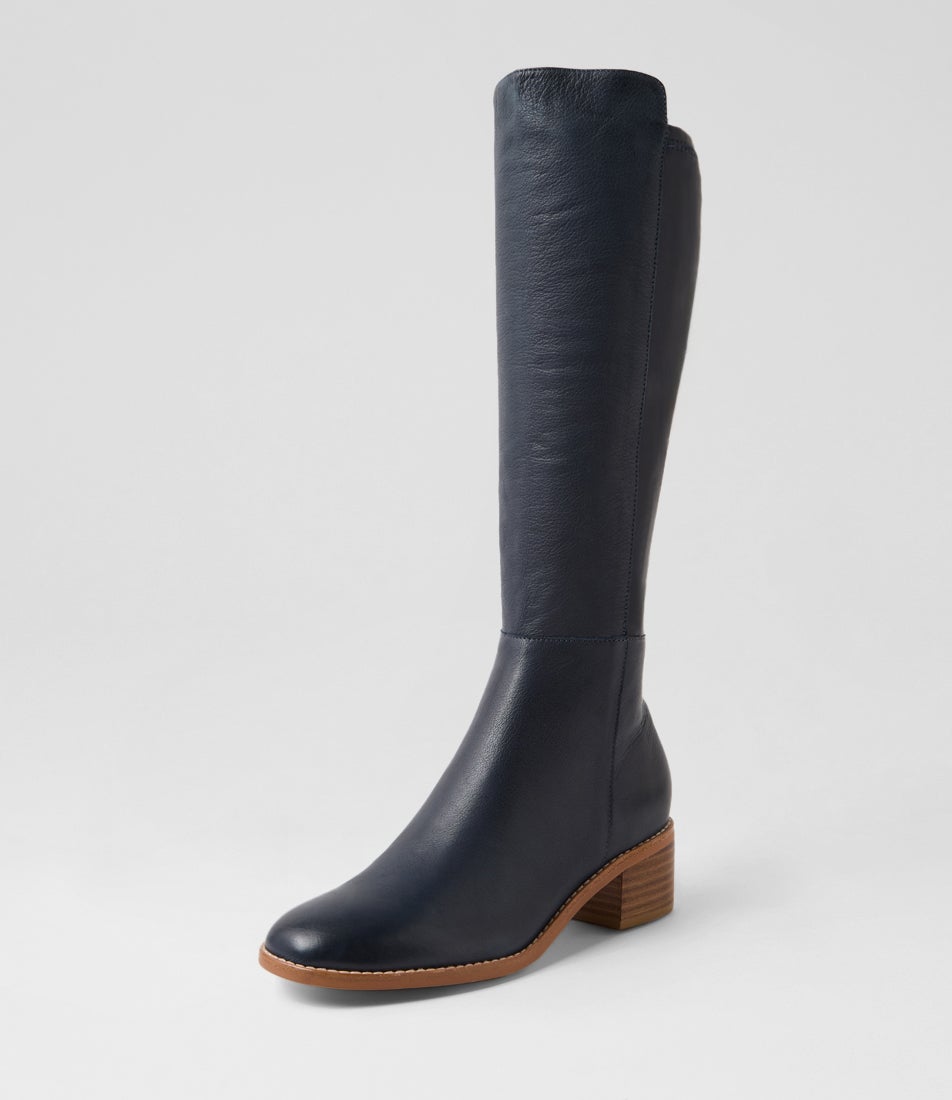 Ronel Navy Leather Stretch Knee High Boots