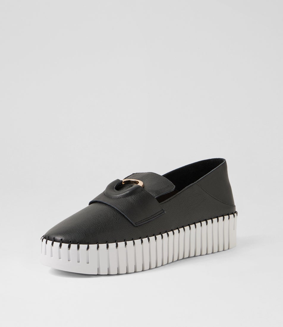 Burbanks Black White Leather Flat Shoes